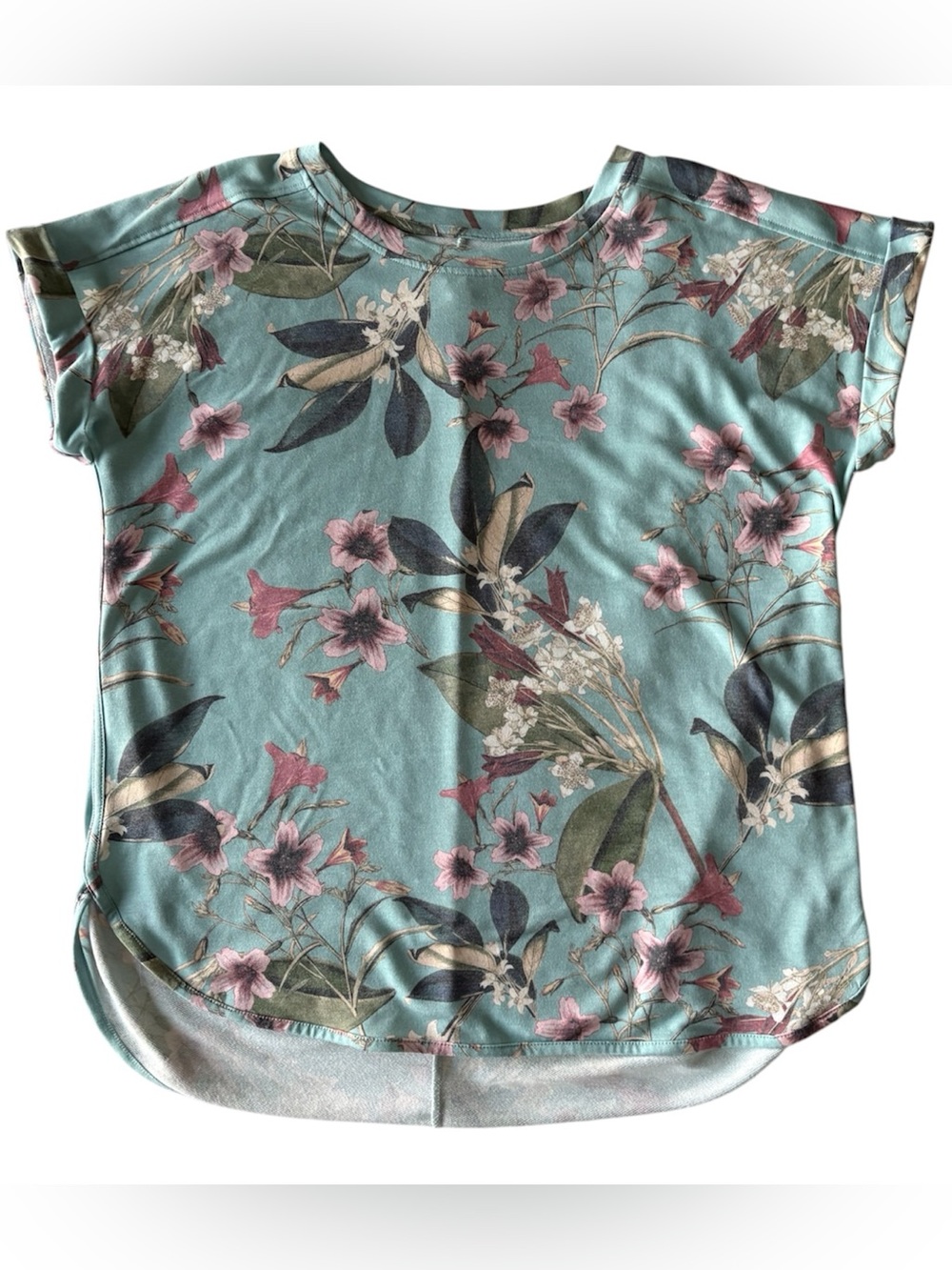 Women’s XL Light Blue/Teal Short Sleeve Floral Botanical Knit Top Cupid Blush